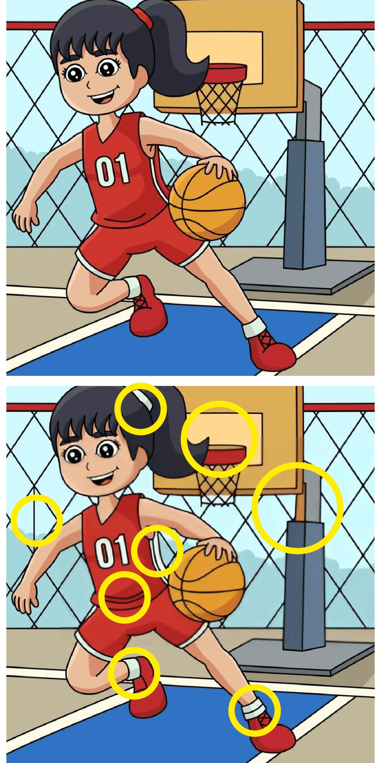 Sfida visiva: riuscirai a individuare tutte e 8 le differenze nella scena di questa ragazza che gioca a basket in meno di 15 secondi? Metti alla prova la tua attenzione!